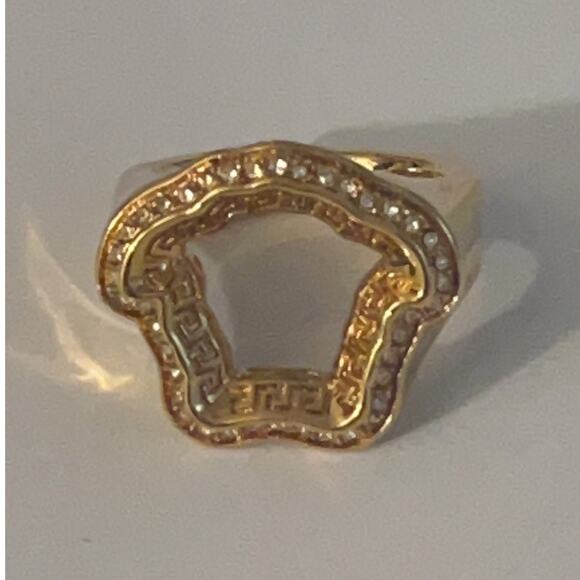 Versace Gold Color Metal & Crystal Medusa Head Curve Ring - SZ 7.25/7.5 - Unisex - Picture 4 of 9